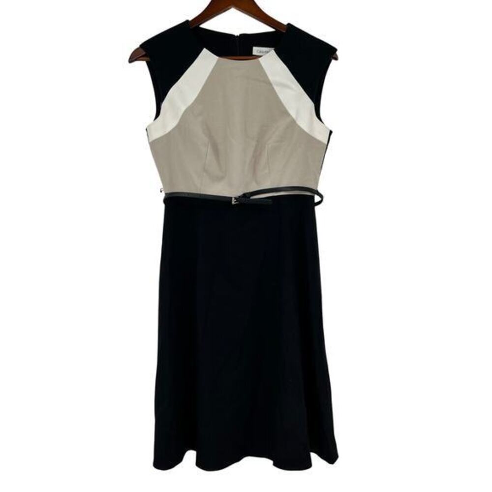 Calvin Klein colorblock sheath dress tan white bodice black skirt belt 6 petite